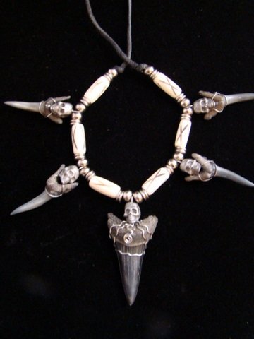 Fossil Mako & SAND TIGER SHARKS NECKLACE/ HAT BAND5 PEWTER SKULL& 6 BONE Beads