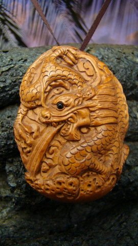 "2 DRAGONS / DRAGON " CARVED WOOD PENDANT ONXY GEM EYE FREE GIFT SILK BAG
