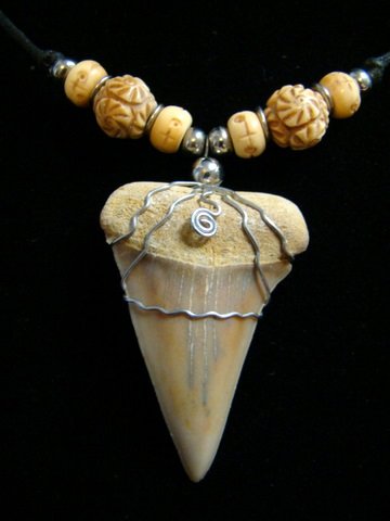 MAKO FOSSIL SHARK 2" TOOTH NECKLACE TIBET MALA YAK BONE BEADS HARLEY WIRE