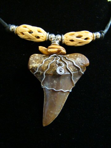 FOSSIL MAKO SHARK TOOTH CARVED BONE TURTLE BEAD HARLEY WIRE NECKLACE LIGHTNING BOLTS!!