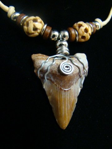 FOSSIL MEGALODON SHARK TOOTH NECKLACE CARVED OX BONE BEADS HARLEY STAINLESS STEEL WIRE