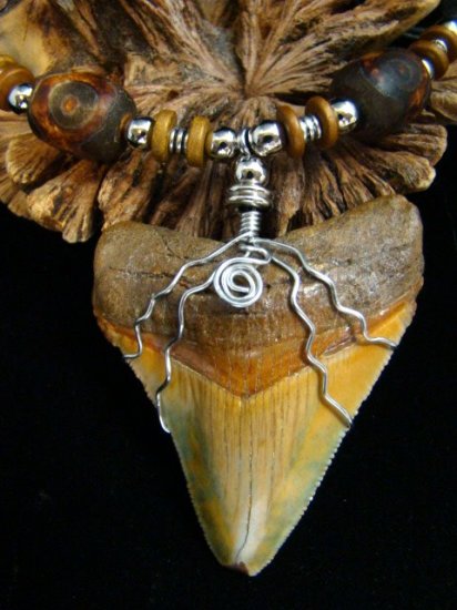 MEGALODON 2 5/8" FOSSIL SHARK TOOTH NECKLACE - ANTIQUE TIBET BEADS