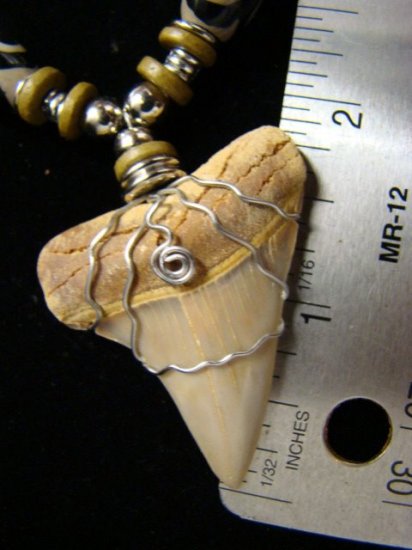 FOSSIL MAKO SHARK 1 3/4" TOOTH w/ TIBET STONE & THAILAND SILVER BEAD NECKLACE