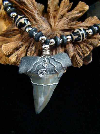 2" MAKO FOSSIL SHARK TOOTH NECKLACE STAINLESS WIRE - TIBETIAN AGATE EYE BEADS