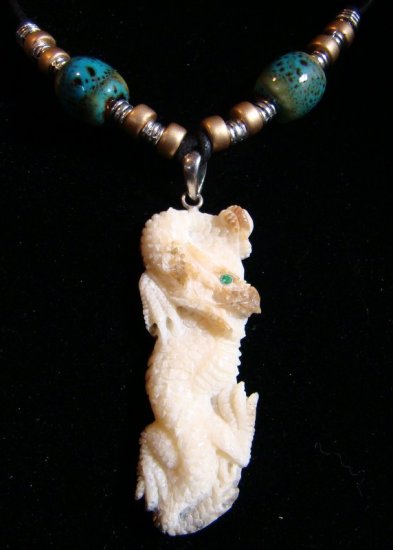 FOSSIL WALRUS TUSK " ASIAN DRAGON w/ EMERALD GEMSTONE EYE " PENDANT / NECKLACE