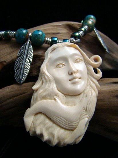 ALASKA / HAWAII HUMPBACK WHALE / MERMAID CARVED FOSSIL MAMMOTH IVORY ANIMAL SPIRIT PENDANT