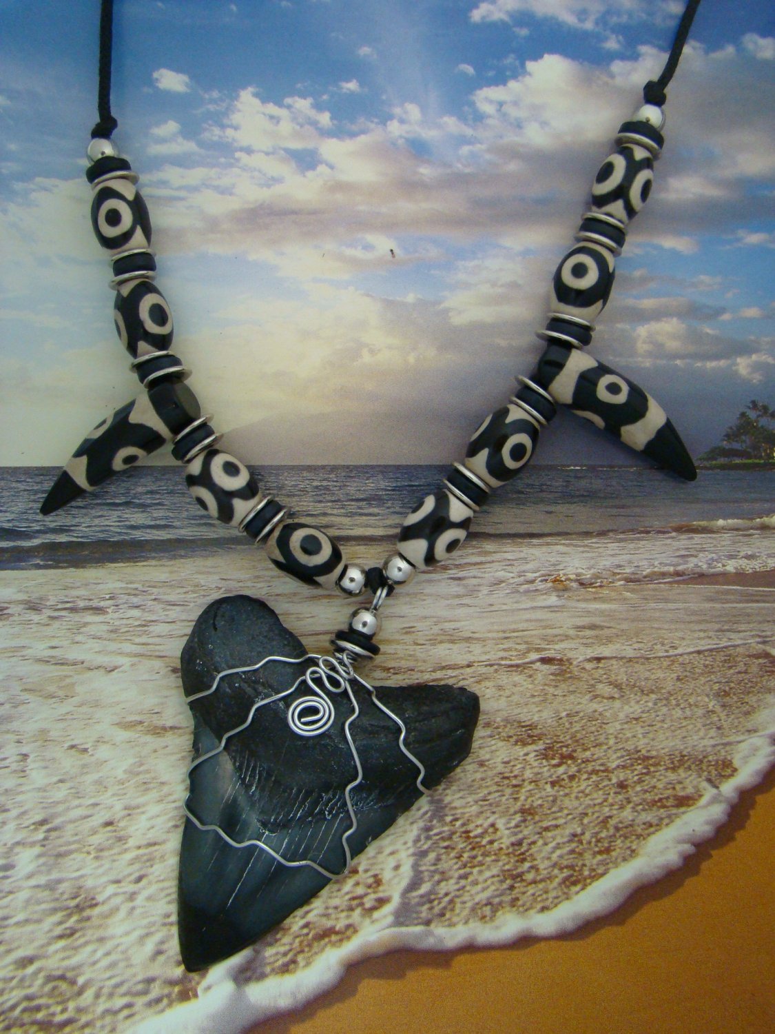 Fossil " Megalodon Shark " Tooth Necklace - Tibetan dZi 3 Eye Beads - Stainless Steel Wire Wrapped