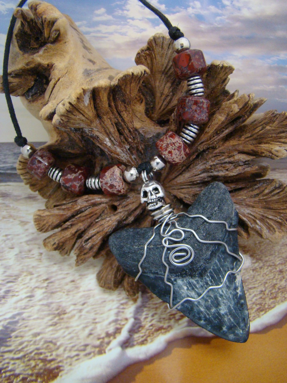 Fossil Megalodon Shark Tooth Necklace "Lightening Bolts" - Skull & Ceramic Beads