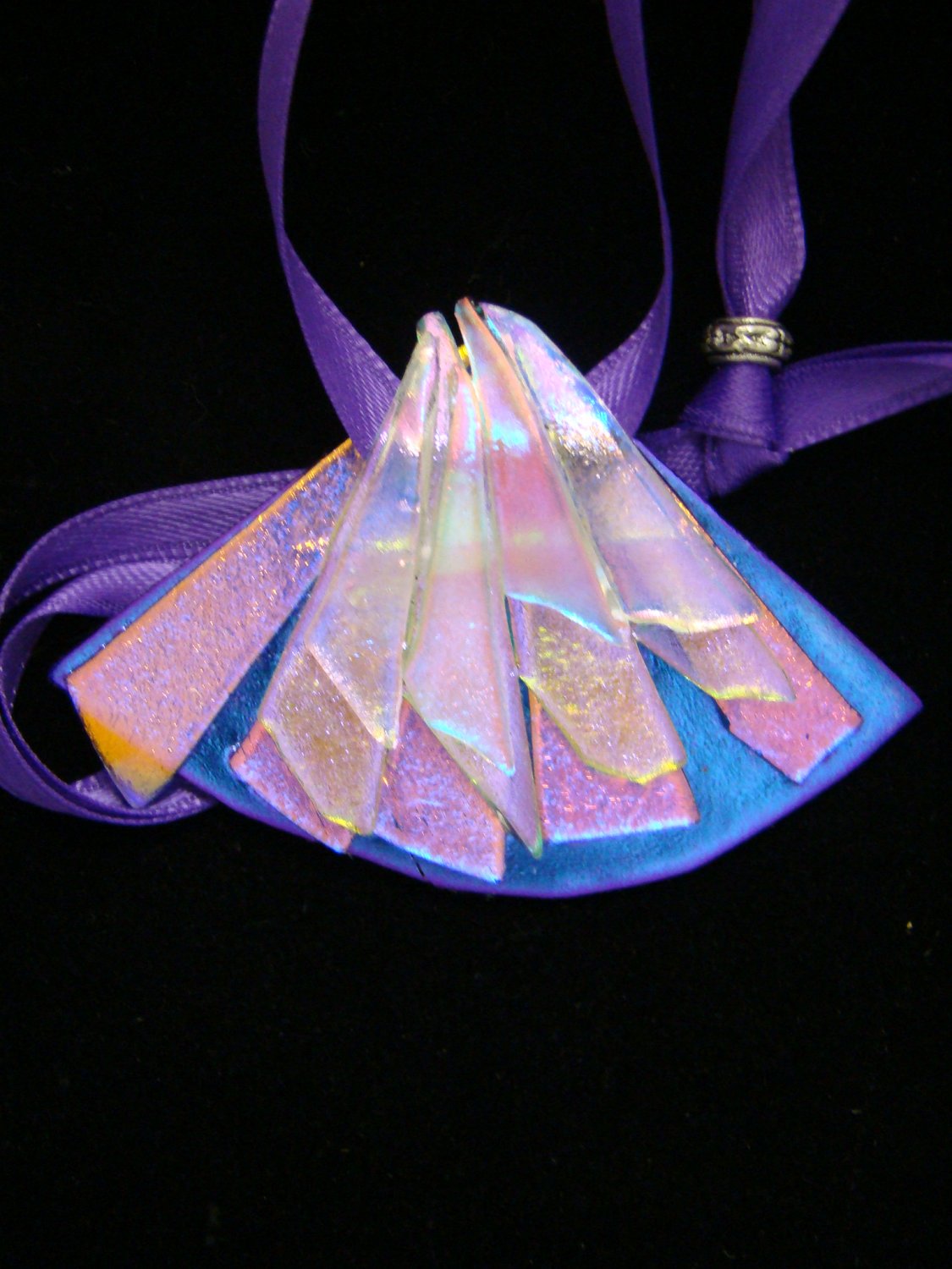 Dichroic Glass Pendant - " Evening" - Hypo-Allergenic - Satin Ribbon with Guard Bead