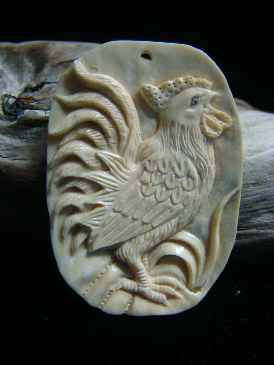 Vintage " Year of the Rooster / Cock" Hand carved Fossil Mammoth Ivory Zodiac Netsuke / Pendant