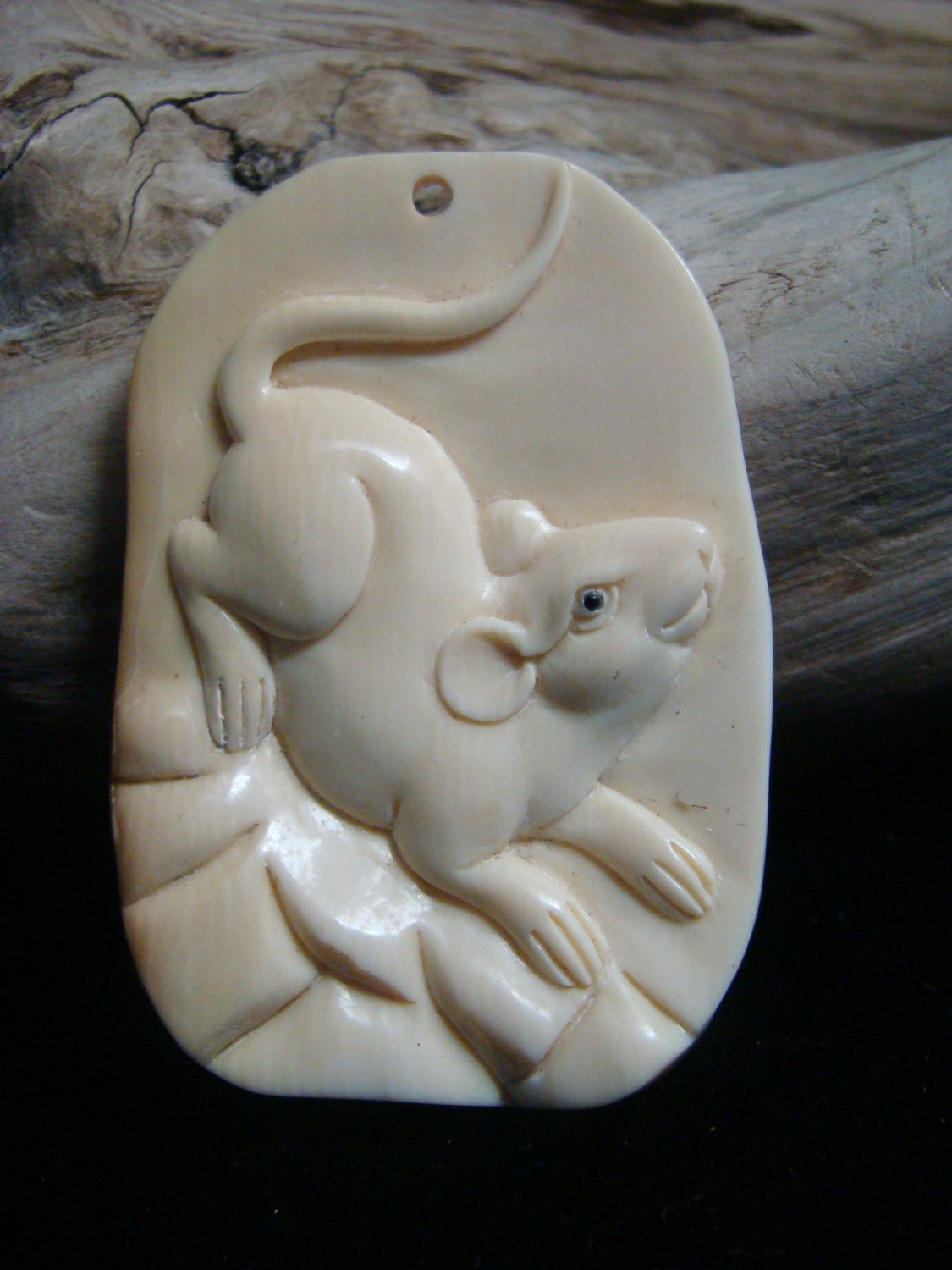 Vintage " Year of Rat " Hand carved Fossil Mammoth Ivory Zodiac Netsuke / Pendant