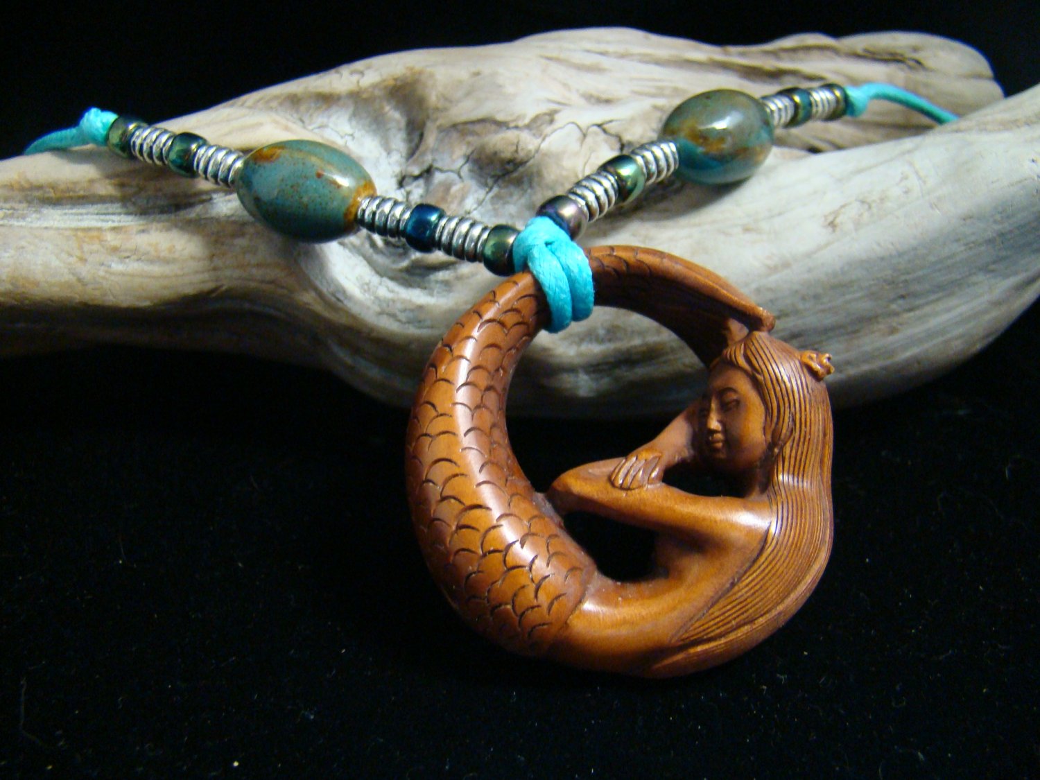 MERMAID W/ PEARL - Hand Carved Wood 2in Miniature,Figurine, Ceramic Porcelean Beads Necklace