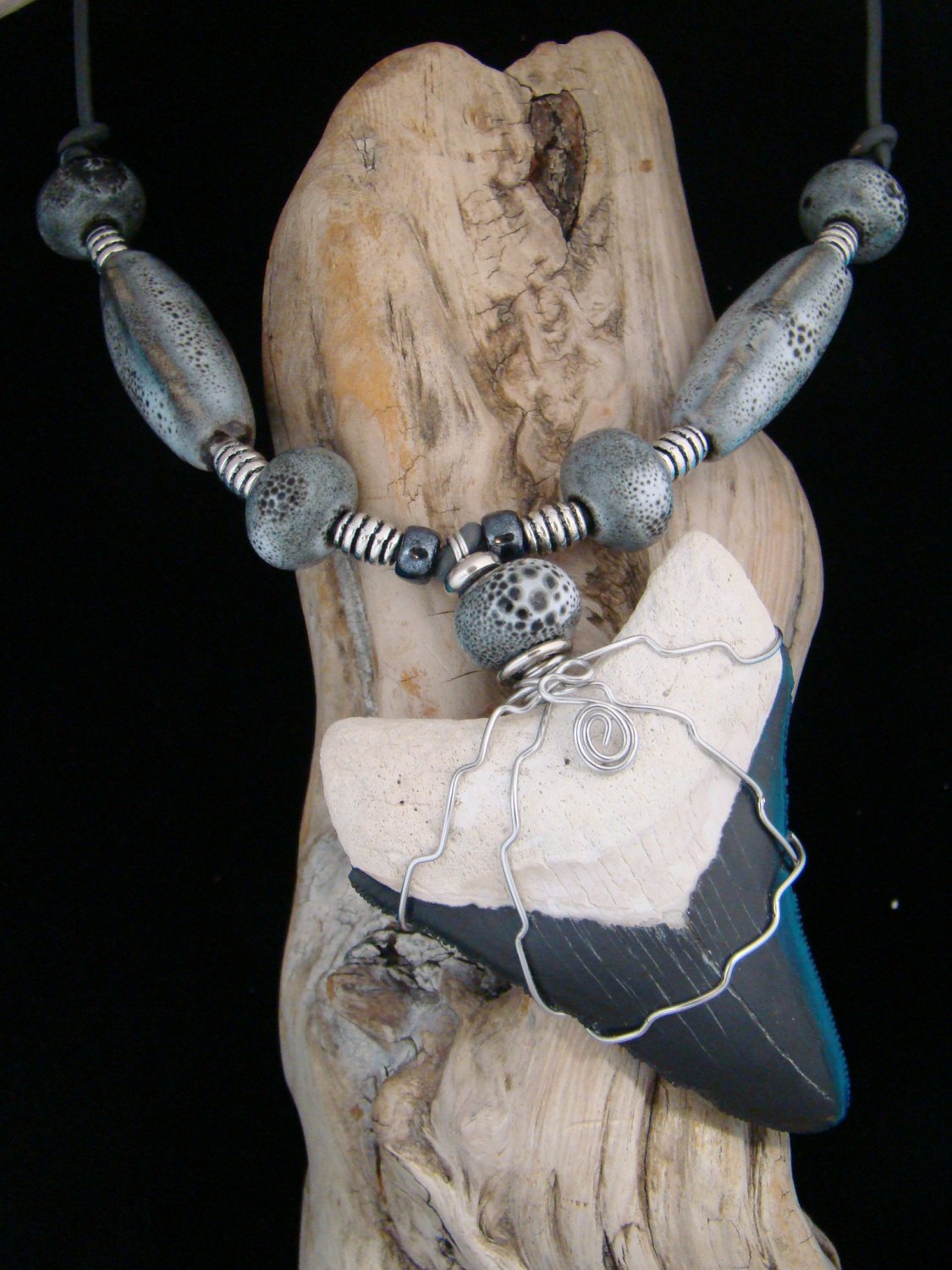 Huge "Bone Valley" Fossil Megalodon Shark Tooth Necklace - Porcelain Beads - Stainless Steel Wire