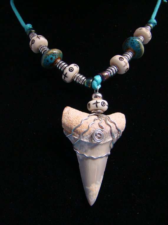 1 5/8" Fossil Mako Shark Tooth Necklace -Tibetan Mala Yak Bone and Ceramic Beads