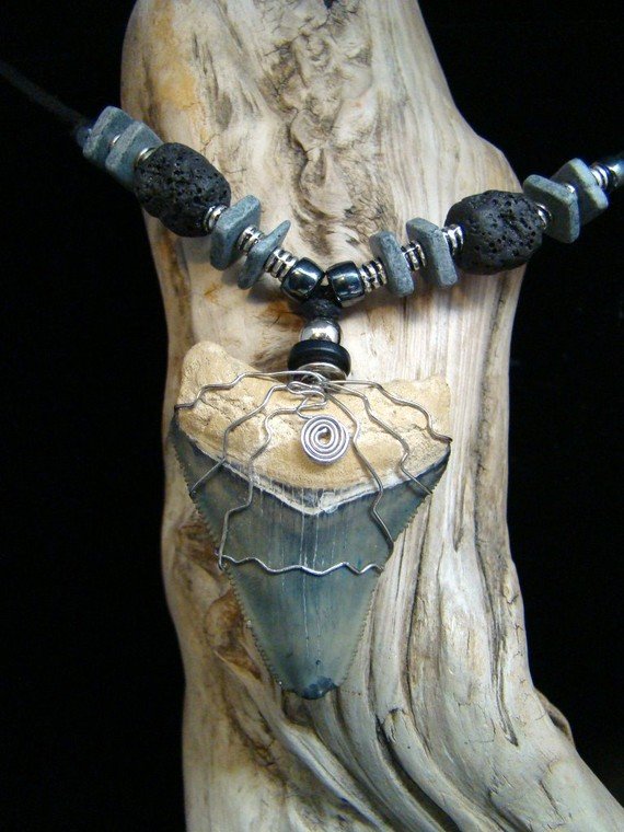 Fossil Bone Valley Florida Shark Tooth Necklace - Volcano Cinder Beads, Stainless Steel Wire Wrapped