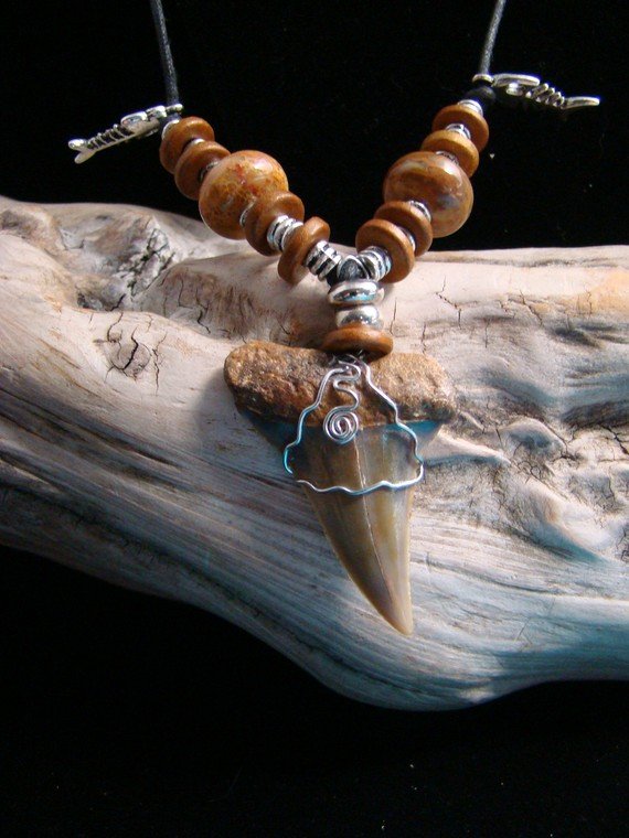 1 1/2" Peruvian Fossil Mako Shark Tooth Necklace - Fossil Coral Beads - Stainless Steel Wire Wrap