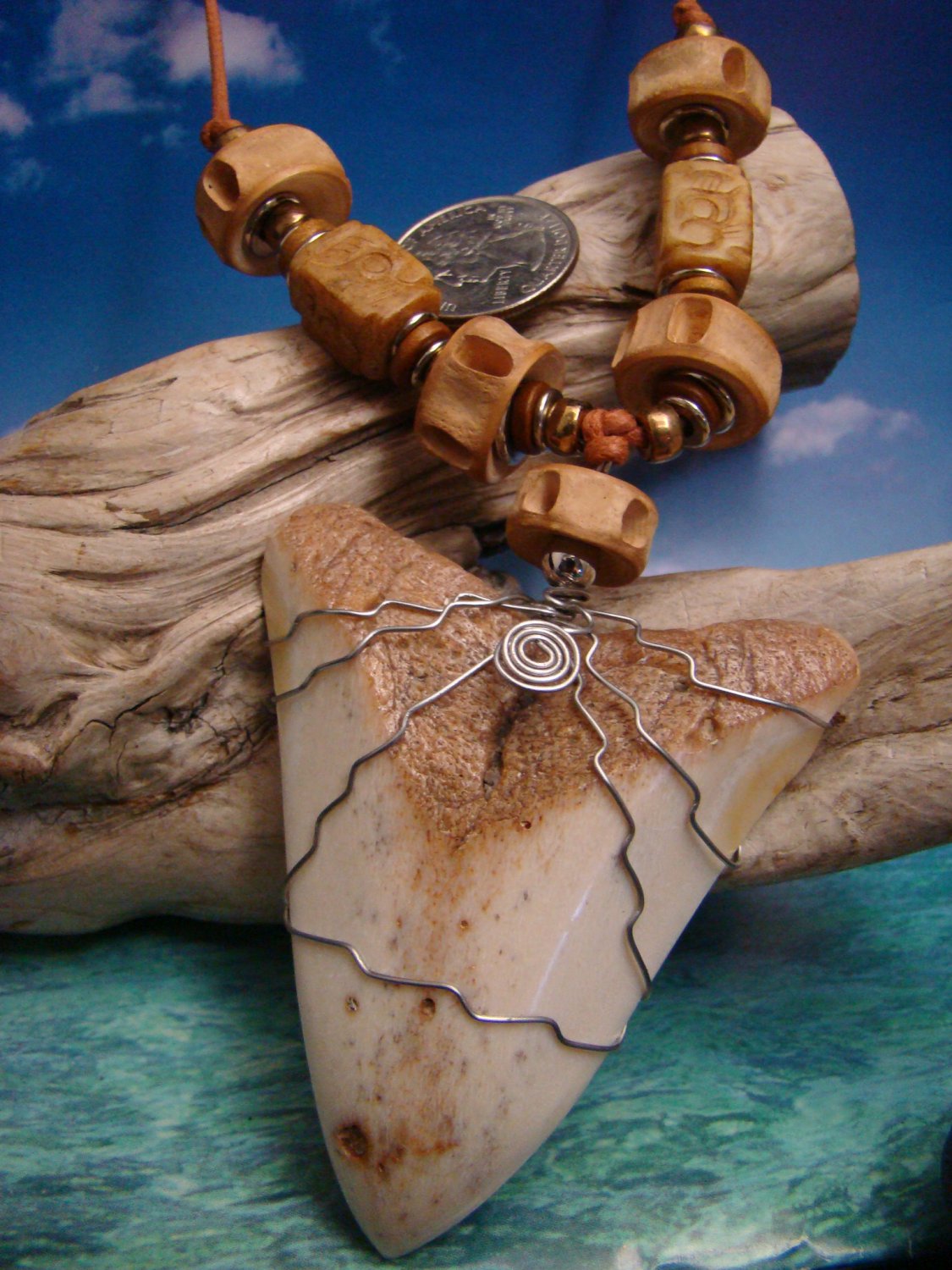 South Pacific 78mm Fossil Megalodon Shark Tooth " Necklace - Shark Vertebra & Carved Jade Bead
