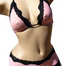 SEXY PINK MESH & BLACK LACE HALTER BRA TOP & BOY SHORTS SET - ONE SIZE