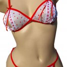 SEXY WHITE MESH & RED HEARTS OPEN CUP BRA THONG & STOCKINGS SET - ONE SIZE
