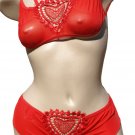 SEXY VALENTINE SHEER RED HEART MESH CUT OUT CAMI TOP & BOY SHORTS - ONE SIZE