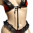 SEXY ORANGE POLKA DOT & BLACK RUFFLED LACE BRA & THONG - ONE SIZE