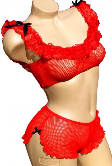 SEXY RED SHEER FISHNET & RUFFLED LACE CAMI & BOY SHORTS - ONE SIZE