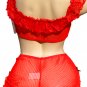 SEXY RED SHEER FISHNET & RUFFLED LACE CAMI & BOY SHORTS - ONE SIZE