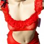 SEXY RED SHEER FISHNET & RUFFLED LACE CAMI & BOY SHORTS - ONE SIZE