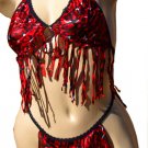 SEXY JUNGLE GIRL RED ANIMAL PRINT FRINGED BRA TOP & THONG SET - ONE SIZE