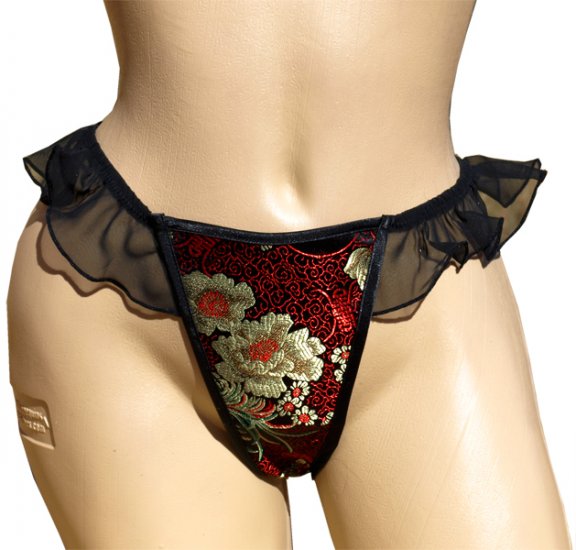 SEXY BLACK ASIAN BROCADE & SHEER NYLON FLUTTER THONG - ONE SIZE