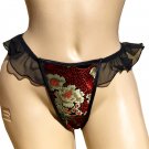 SEXY BLACK ASIAN BROCADE & SHEER NYLON FLUTTER THONG - ONE SIZE