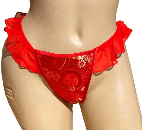 SEXY RED ASIAN BROCADE & SHEER NYLON FLUTTER SIDE THONG - ONE SIZE