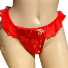 SEXY RED ASIAN BROCADE & SHEER NYLON FLUTTER SIDE THONG - ONE SIZE