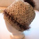 Crochet PonyTail Hat and Mitts Tweed Beige with Brown