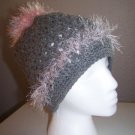 Crochet PonyTail Hat Grey with Pink