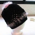 Crochet PonyTail Hat Black with Pink