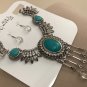 Western Style Pearl Bead Silver Metal Pendant Turquoise Necklace Jewelry Set