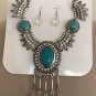 Western Style Pearl Bead Silver Metal Pendant Turquoise Necklace Jewelry Set
