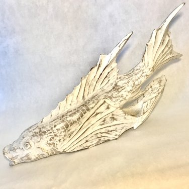 Vintage 1990's PIER ONE Washed Solid Wood Hand Carved Fish Sculpture by Artisans in Philippines