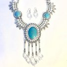 Western Style Pearl Bead Silver Metal Pendant Turquoise Necklace Jewelry Set