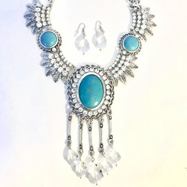 Western Style Pearl Bead Silver Metal Pendant Turquoise Necklace Jewelry Set
