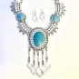 Western Style Pearl Bead Silver Metal Pendant Turquoise Necklace Jewelry Set