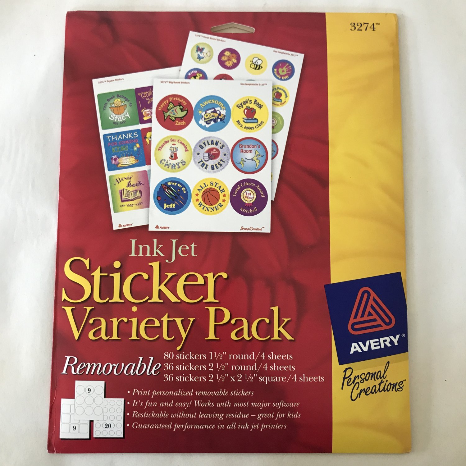 Avery Ink Jet Sticker Variety Pack 152 REMOVABLE Stickers 3274