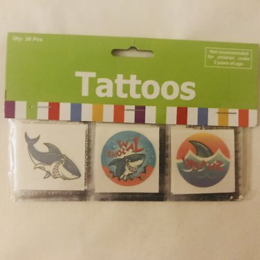 Kids Temporary Tattoos - 36 pcs SHARK THEME - 1.5" square for Boys & Girls