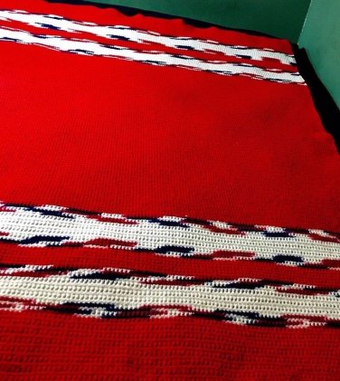 HANDMADE Crocheted AFGHAN Knit THROW Vintage Red White Blue Quilt COUCH Lap BLANKET