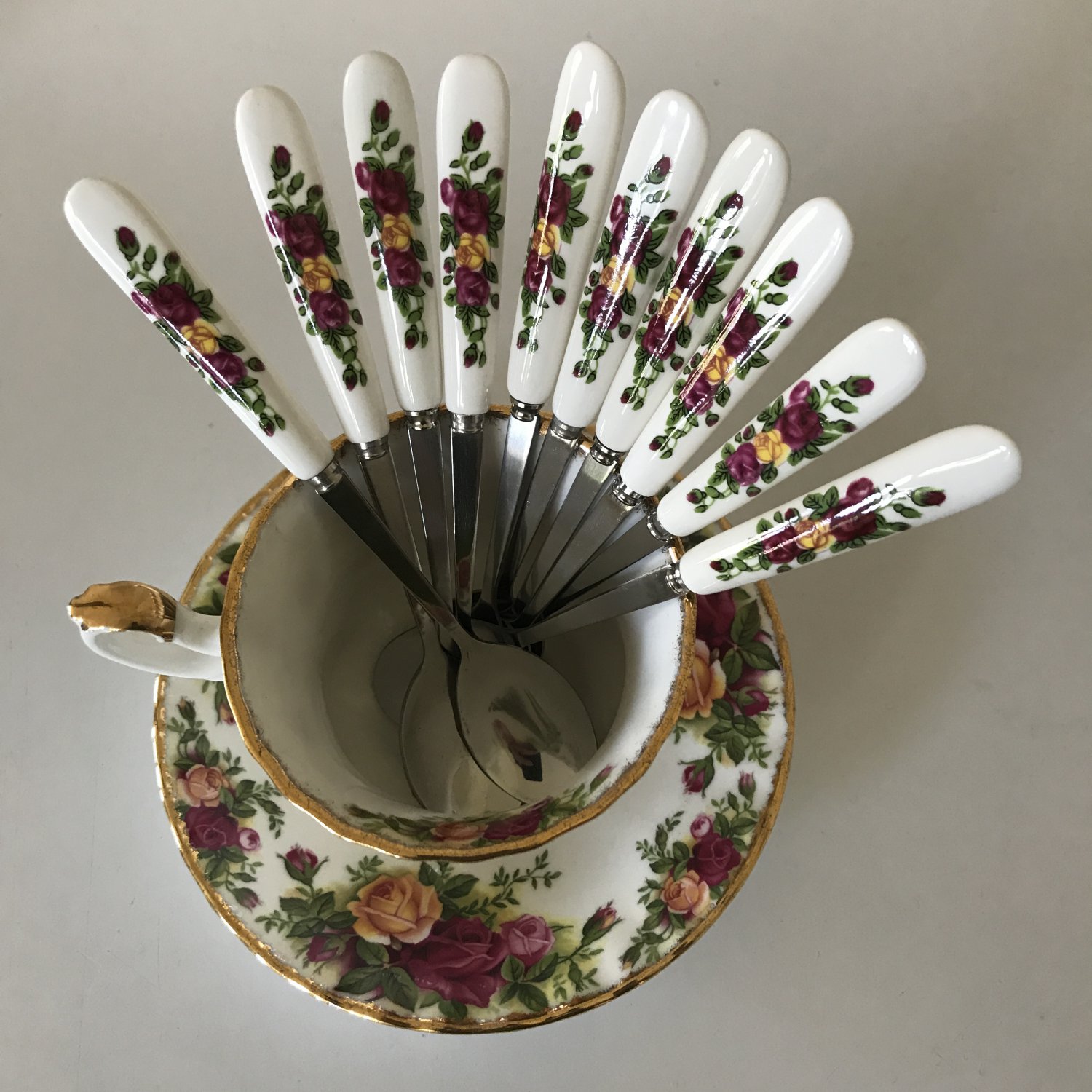 Royal Albert Old Country Roses Flatware Spoons 10 Demitasse Teaspoons Set