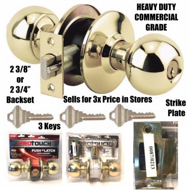 Brass Grade 1 Door Lock Set Entry Door Knob Handle 3 Keys 2 3/8  2 3/4 Backset