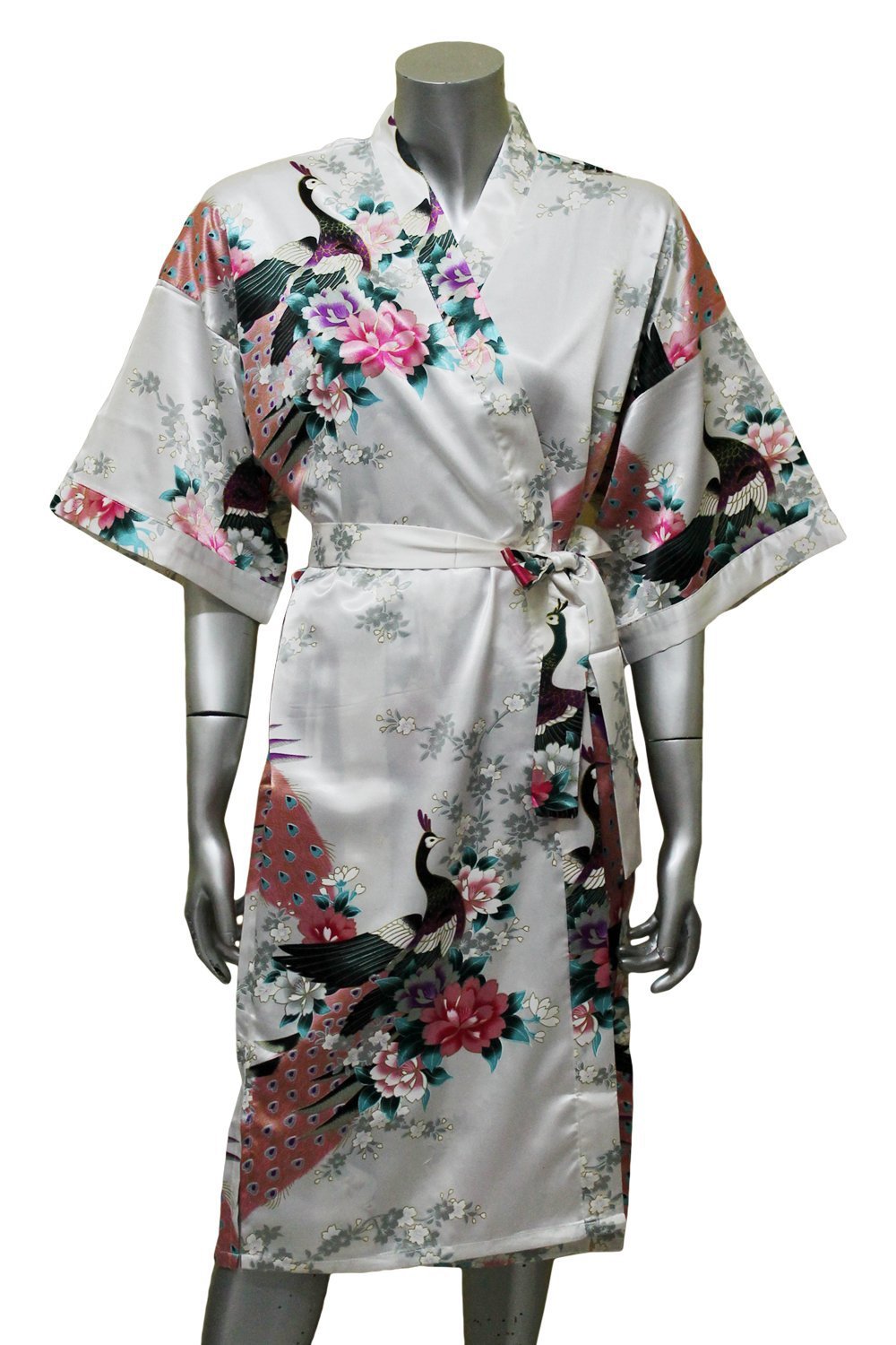 Women's Kimono Satin Bath Robe - Peacock & Blossom Design, Short White