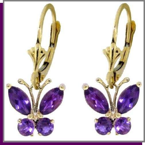 14K Solid Gold 1.25 CT Amethyst Butterfly Earrings