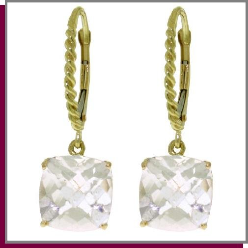 14K Gold 7.20 CT Cushion White Topaz Dangle Earrings